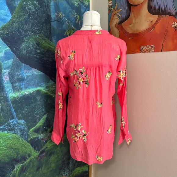 fig and flower embroidered floral blouse pink coral button down pm - Picture 3 of 5